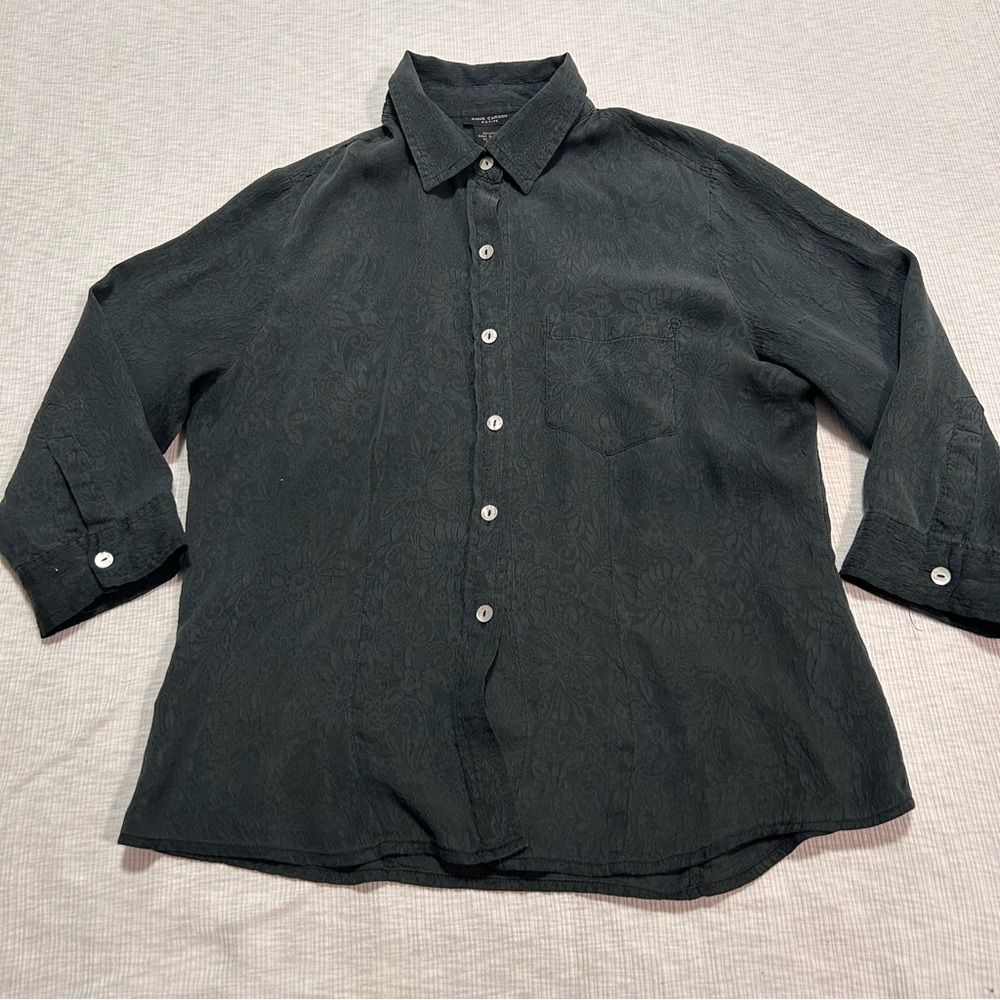 Anne Carson Black 100% Silk Blouse Petite Medium Button‎ Up 3/4 Sleeve FLAW